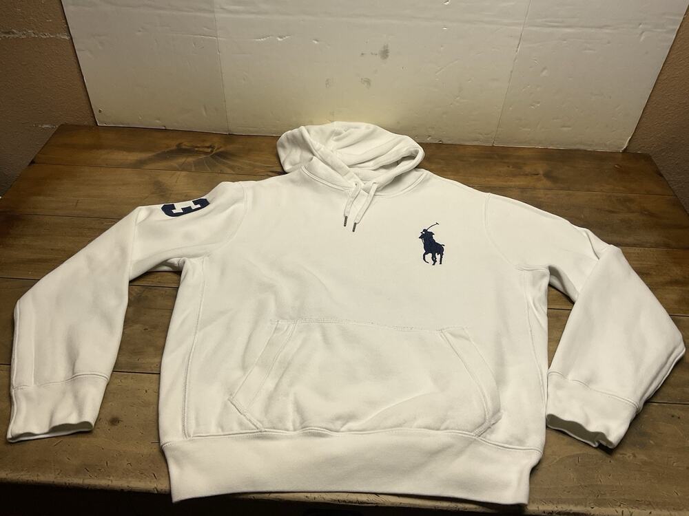 Vintage 90’s Polo Ralph Lauren #3 White Hoodie Blue Big Pony Mens XL Heavy